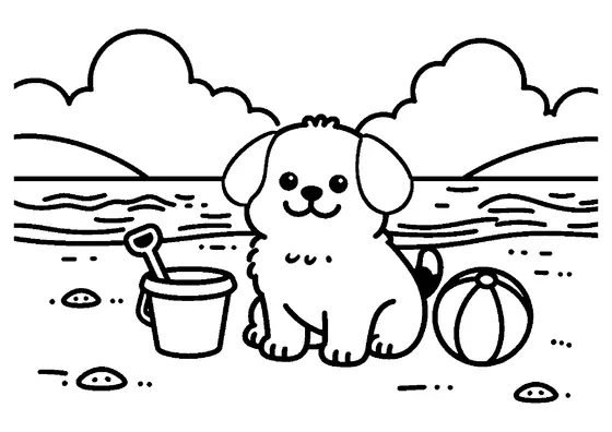 Un cachorro sentado en la playa junto a un cubo y una pelota grande.