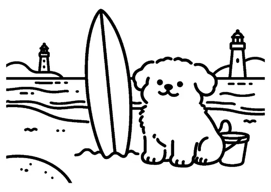 Coloriage représentant un chiot sur une dune de sable à côté d'une planche de surf.