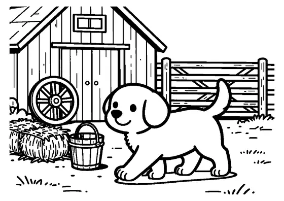 Coloring page featuring a puppy crossing a farmyard beside a water bucket and wagon wheel.