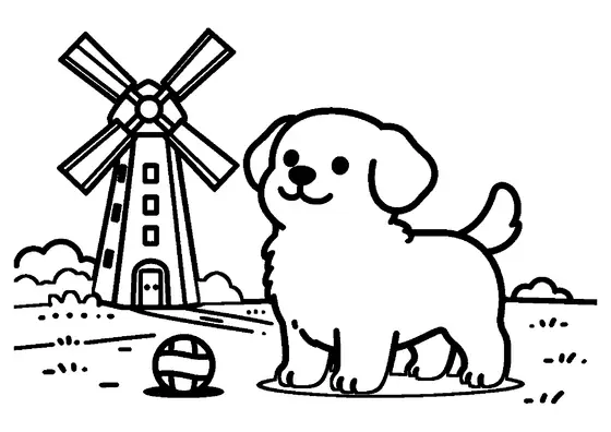 Chiot debout sur un chemin de terre avec vue sur un moulin à vent hollandais traditionnel.