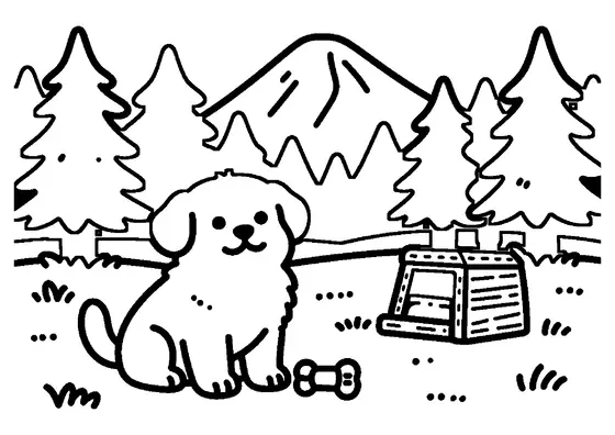 Coloriage d'un chiot dans une clairière près d'un râtelier à foin pour les chevreuils.