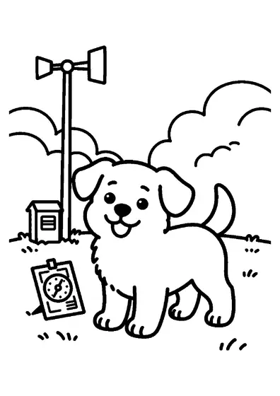 A puppy at a weather station beside a tower fitted with an anemometer.