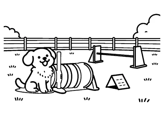 A cheerful puppy on a dog agility course with a tunnel and jumping obstacles in the background.