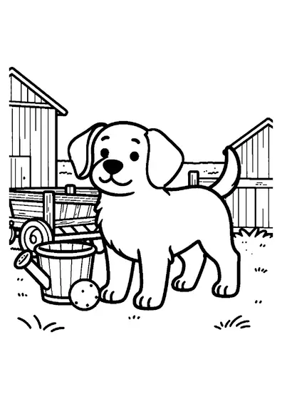 A puppy in a farmyard beside a hay wagon and the wooden wall of a barn.