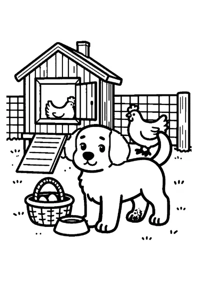 Un chiot près du poulailler à côté d'un panier d'œufs, avec une poule sur une échelle en arrière-plan.