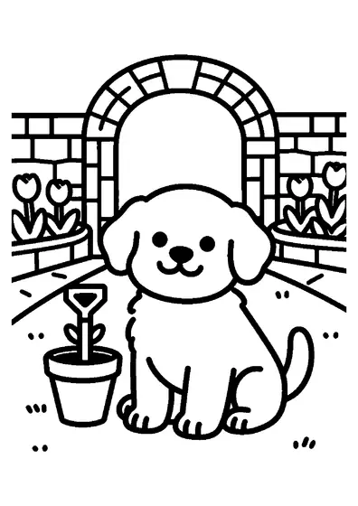 Coloring page featuring a puppy beside a flowerpot and trowel on a garden path.