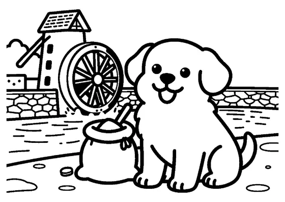 Chiot près d'un moulin à eau à côté d'un sac de farine, avec une grande roue à eau en arrière-plan.