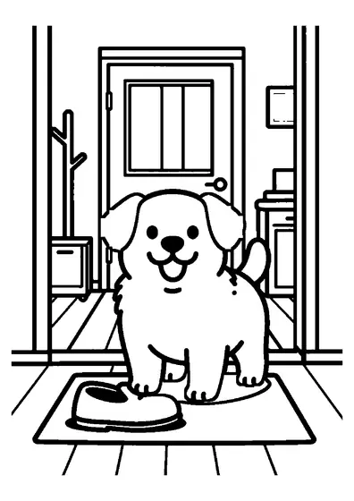 Un chiot joue avec une grande chaussure près du paillasson dans l’entrée.