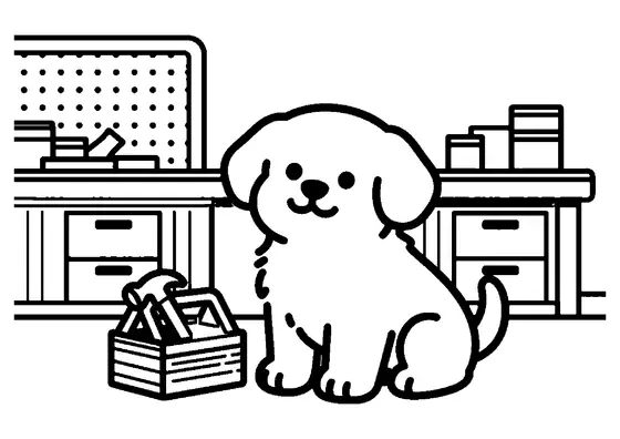Chiot dans un garage près d'une caisse à outils, avec un établi en arrière-plan.