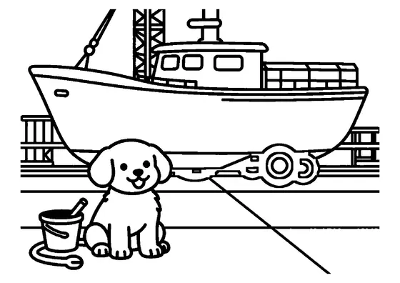 A puppy inside a large shipyard building beside a ship’s hull under construction.