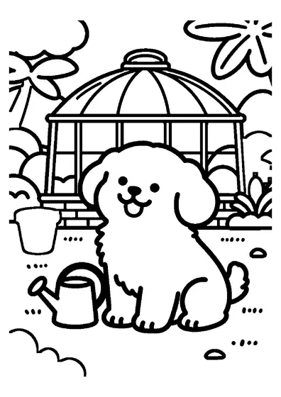Chiot dans un jardin botanique près d'un arrosoir et d'un pot de fleurs, avec une serre aux palmiers en arrière-plan.