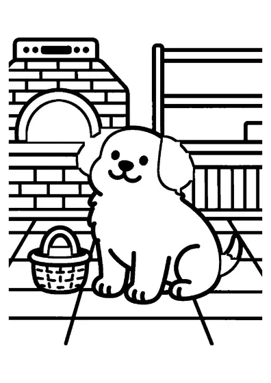 A chubby puppy in a country bakery beside a wicker bread basket and an old-fashioned oven.