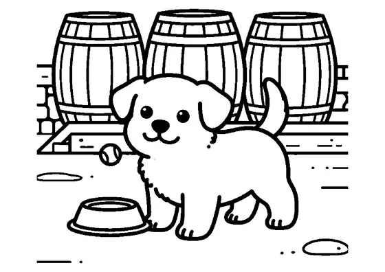 Un chiot dans une cave familiale, près de vieux tonneaux en bois, sur un coloriage.