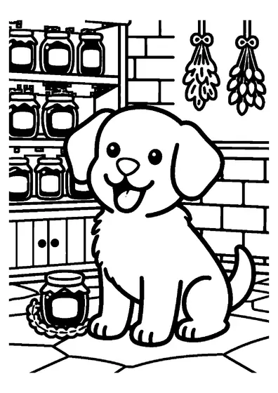 Coloring page featuring a puppy in a pantry beside a jam jar and a braid of garlic.