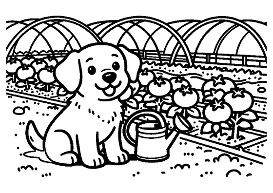Un chiot dans une serre tunnel, à côté de plants de tomates, sur un coloriage.