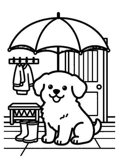 Coloring page featuring a puppy in an entryway beside rain boots, an umbrella, and a shoe cabinet.
