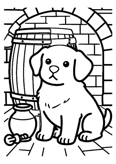A puppy in a rustic mead cellar beside an oak barrel and a clay jug.