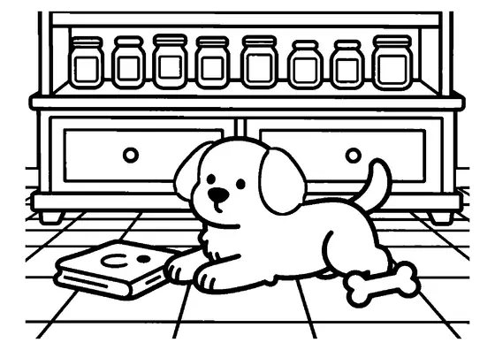 A puppy lying on the floor of an old-fashioned pharmacy beside wooden cabinets with drawers.