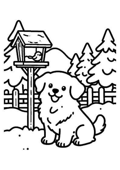 A fluffy puppy standing beside a wooden bird feeder in a snowy winter garden.