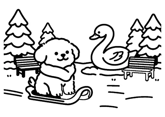 A fluffy puppy in a snowy park beside a swan ice sculpture and a sled.
