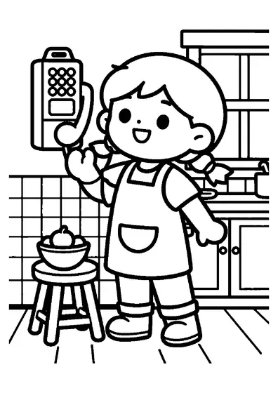 Una niña marca en un teléfono de pared colgante dentro de una acogedora cocina rural de estilo retro.