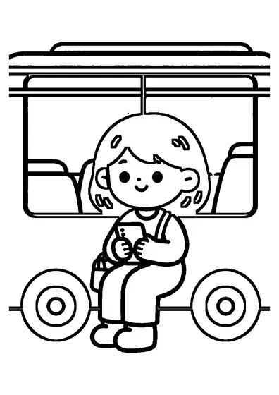 O fată stă lângă fereastra unui autobuz urban și ține telefonul în mână.