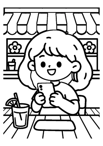 O fată zâmbitoare, cu păr creț, ține un telefon în timp ce stă la masa unei cafenele în aer liber.
