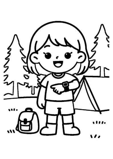O fată își arată ceasul inteligent de la încheietură lângă un cort, într-un loc de camping.