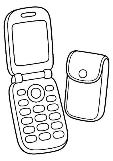 An open flip phone with a blank screen, a round navigation button and oval keypad buttons standing next to a small pouch