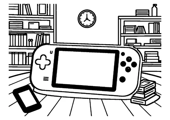O consolă portabilă așezată pe o masă, într-o cafenea veselă cu jocuri de societate.