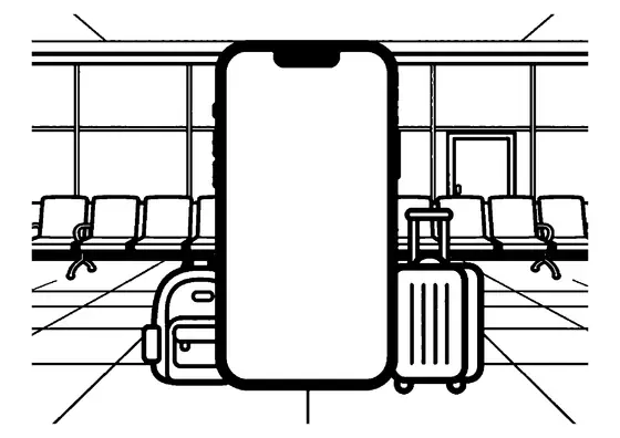 Ein Smartphone mit geometrisch gemusterter Hülle steht neben einem Rucksack und einem Koffer in der Abflughalle.