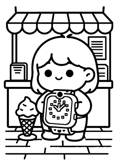 Un reloj inteligente infantil con una correa de corazones descansa sobre el mostrador de un puesto de helados.