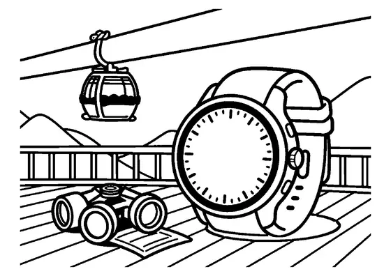 Ausmalbild mit einer Smartwatch, die eine Navigationskarte zeigt, auf einem Tisch an einer Seilbahnstation in den Bergen.