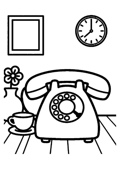 Ausmalbild mit einem klassischen Wählscheibentelefon auf einem Tisch in einem nostalgischen Café.