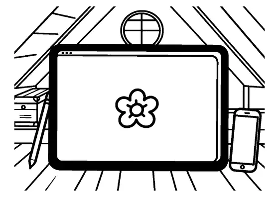 Une grande tablette affichant un dessin de fleur est posée près d’un téléphone et d’un stylet dans un grenier aménagé.