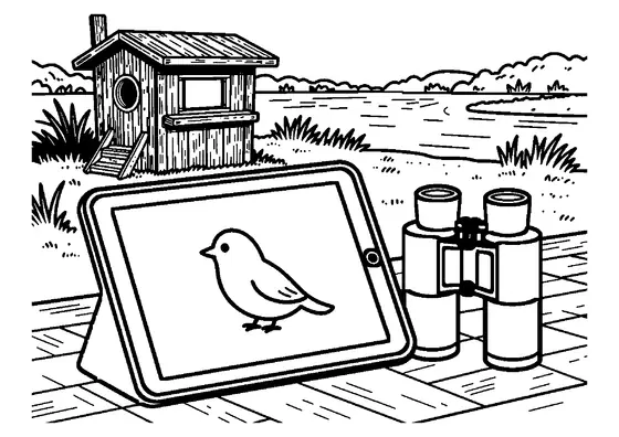 Ein Tablet mit einer Vogelzeichnung liegt neben einem Fernglas und einer Thermoskanne in einem hölzernen Beobachtungsstand.