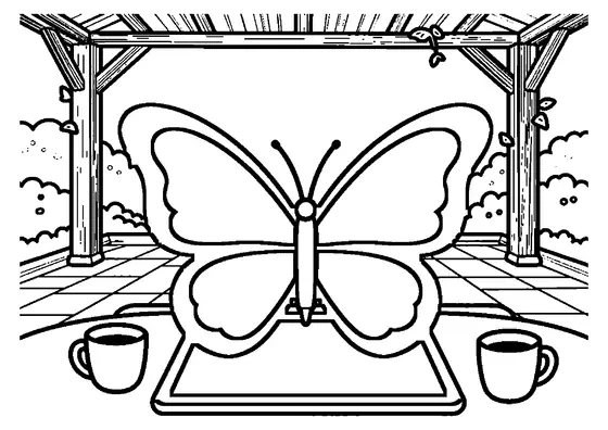 O tabletă grafică afișează un desen digital cu un fluture pe masa unui pavilion de grădină.