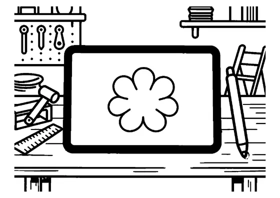 O tabletă care afișează un desen digital și un creion tactil se află pe bancul de lucru dintr-un atelier de tâmplărie.