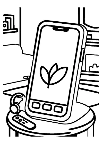 Un téléphone dans une coque à motifs en zigzag se trouve près d’un casque audio et d’une télécommande, à côté du canapé.