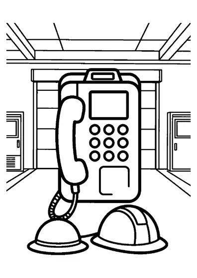 Ein großes Wandtelefon hängt neben einem Helm und einem aufgerollten Schlauch in der Fahrzeughalle einer Feuerwache.