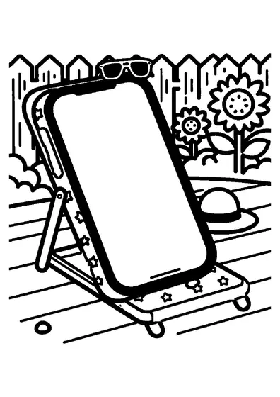 Un telefon într-o husă decorativă acoperită cu stele se află pe un șezlong de exterior.