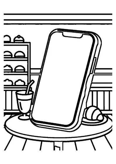 Un telefon într-o husă din silicon decorată cu o gogoașă se află pe o masă într-o cofetărie.
