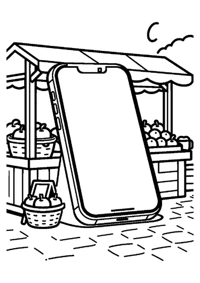 Un telefon cu husă decorată cu floarea-soarelui se află pe o tarabă din lemn, lângă legume proaspete.