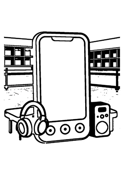 Un téléphone dans une coque ondulée se trouve près d’un casque audio et d’une enceinte dans le hall d’une école de danse.