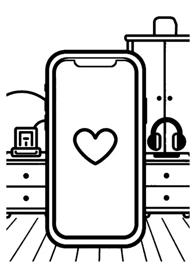 Un grand téléphone dans une coque fleurie est posé sur une commode, près d’un casque et d’un chargeur.