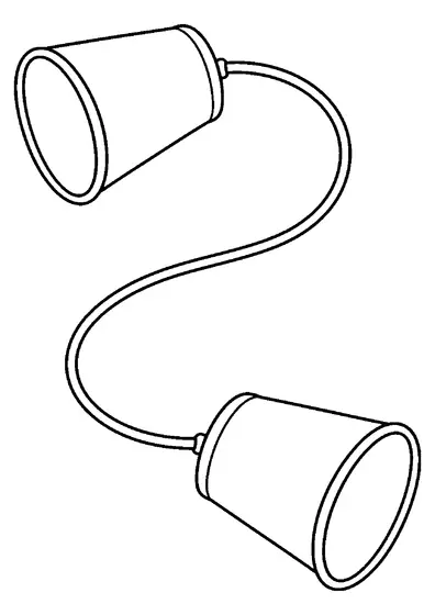 Two cone-shaped paper cups joined by a long curving string, forming a simple homemade string telephone.