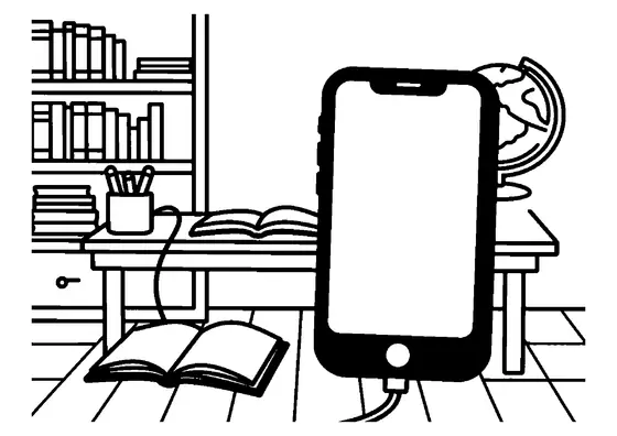 Un telefon conectat la încărcător pe un birou de studiu ordonat.