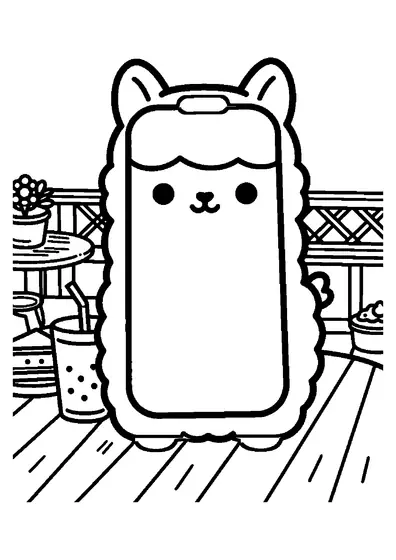 Un teléfono móvil con una divertida funda en forma de llama descansa sobre una mesa de una cafetería al aire libre entre árboles.