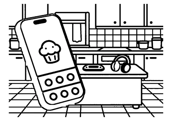 Un téléphone affichant un dessin de cupcake est posé sur l’îlot de cuisine, près d’un chargeur et d’un casque.