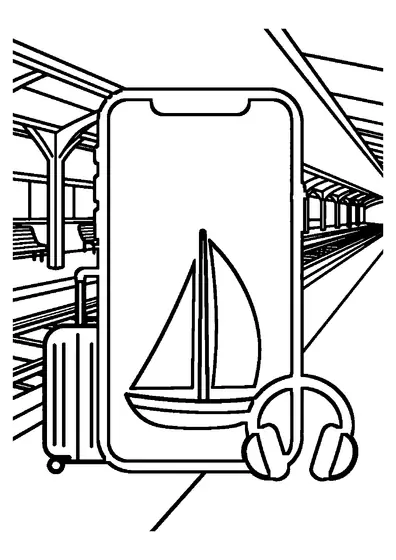 Ein großes Smartphone mit Segelboot liegt neben einem Koffer und Kopfhörern auf einem Bahnsteig.